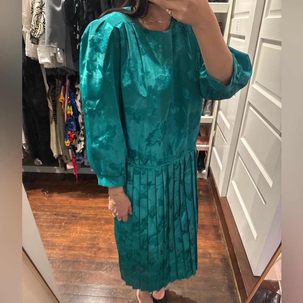 Vintage 80s Drop Waist Teal Dresss